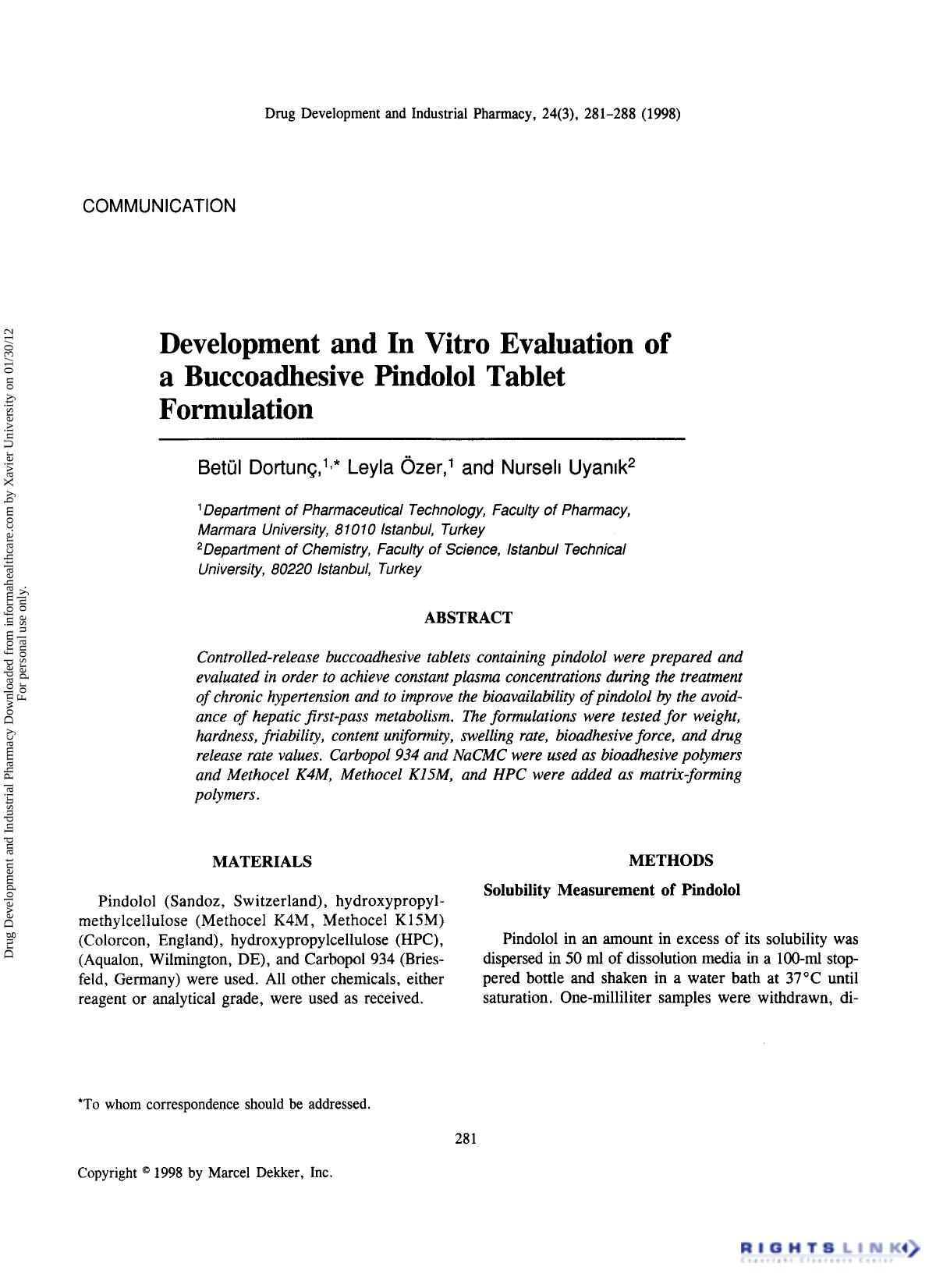 Development and in Vitro Evaluation of a Buccoadhesive Pindolol Tablet Formulation by Betül Dortunç Leyla Özer & Nurseli Uyanik