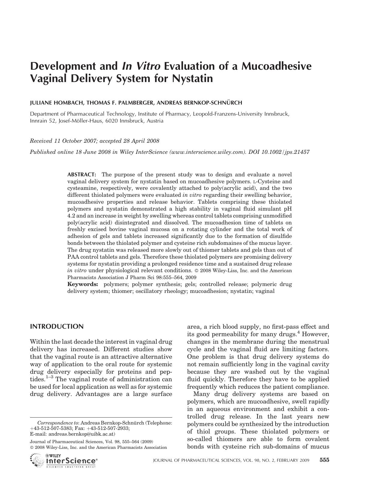 Development and in vitro evaluation of a mucoadhesive vaginal delivery system for nystatin by Unknown