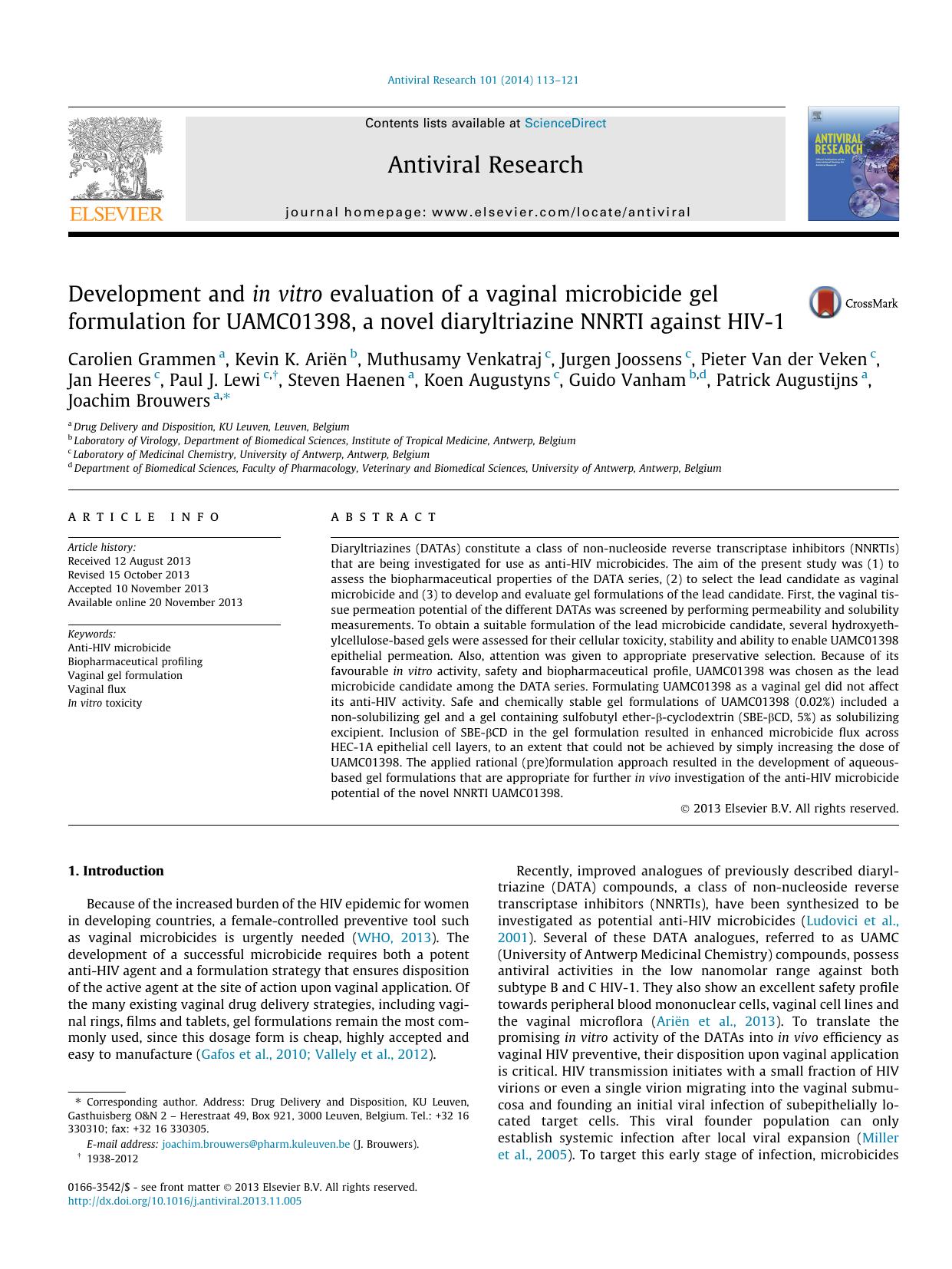 Development and in vitro evaluation of a vaginal microbicide gel formulation for UAMC01398, a novel diaryltriazine NNRTI against HIV-1 by unknow
