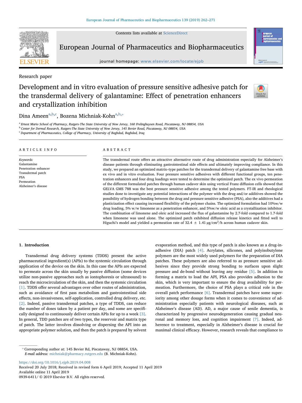 Development and in vitro evaluation of pressure sensitive adhesive patch for the transdermal delivery of galantamine_ Effect of penetration enhancers and crystallization inhibition by Dina Ameen & Bozena Michniak-Kohn