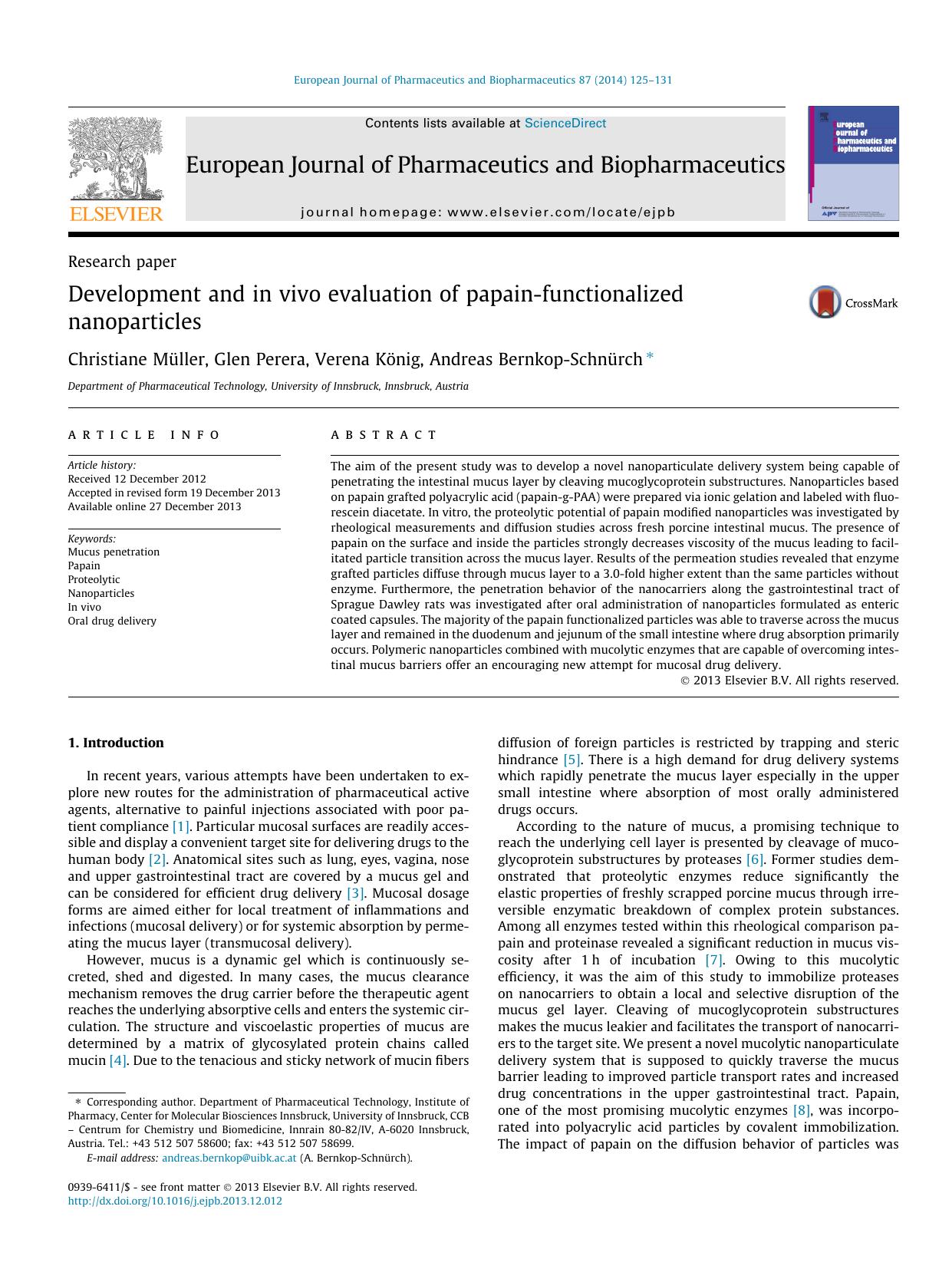 Development and in vivo evaluation of papain-functionalized nanoparticles by Christiane MÃ¼ller & Glen Perera & Verena König & Andreas Bernkop-Schnürch