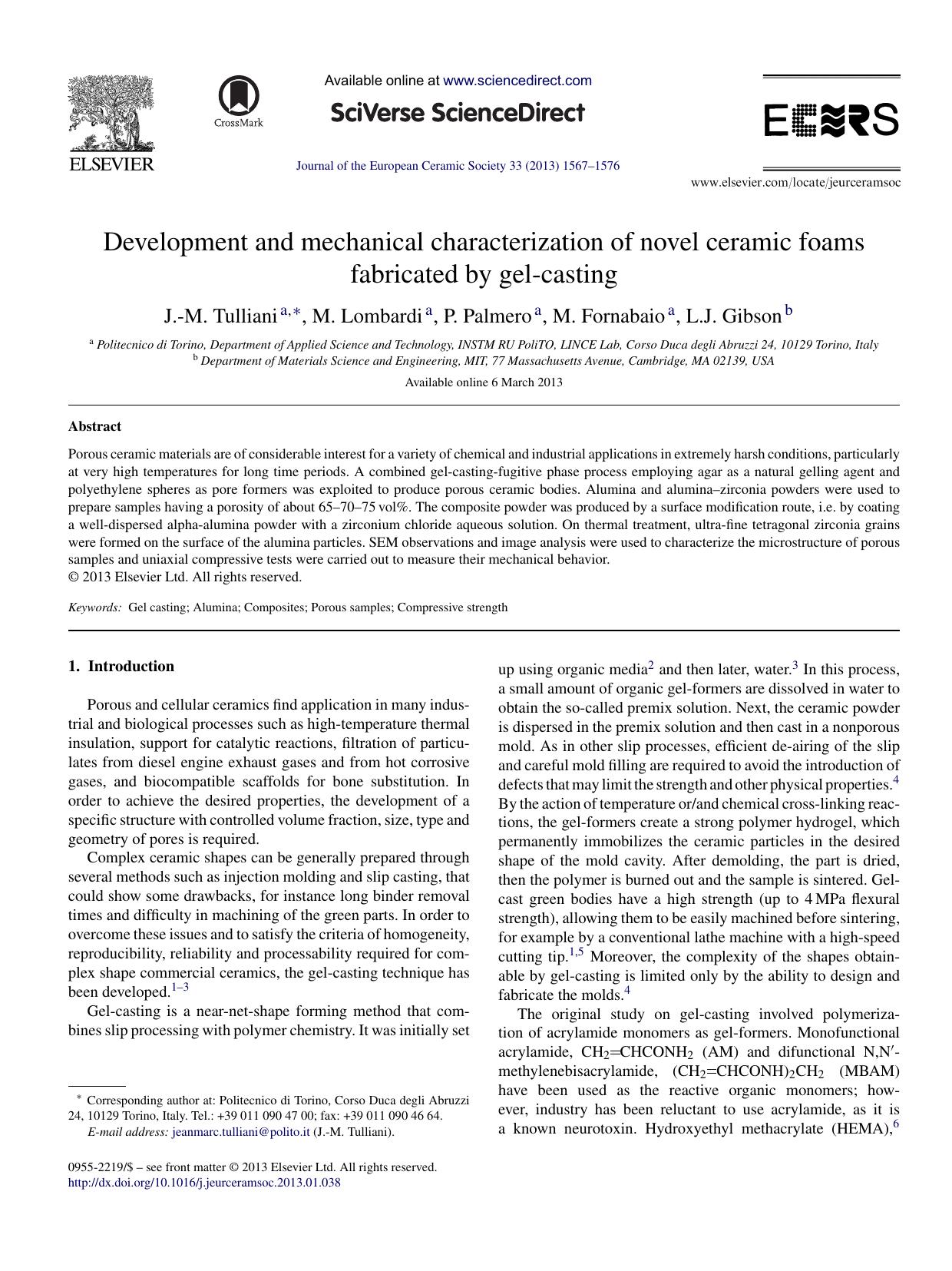 Development and mechanical characterization of novel ceramic foams fabricated by gel-casting by J.-M. Tulliani & M. Lombardi & P. Palmero & M. Fornabaio & L.J. Gibson