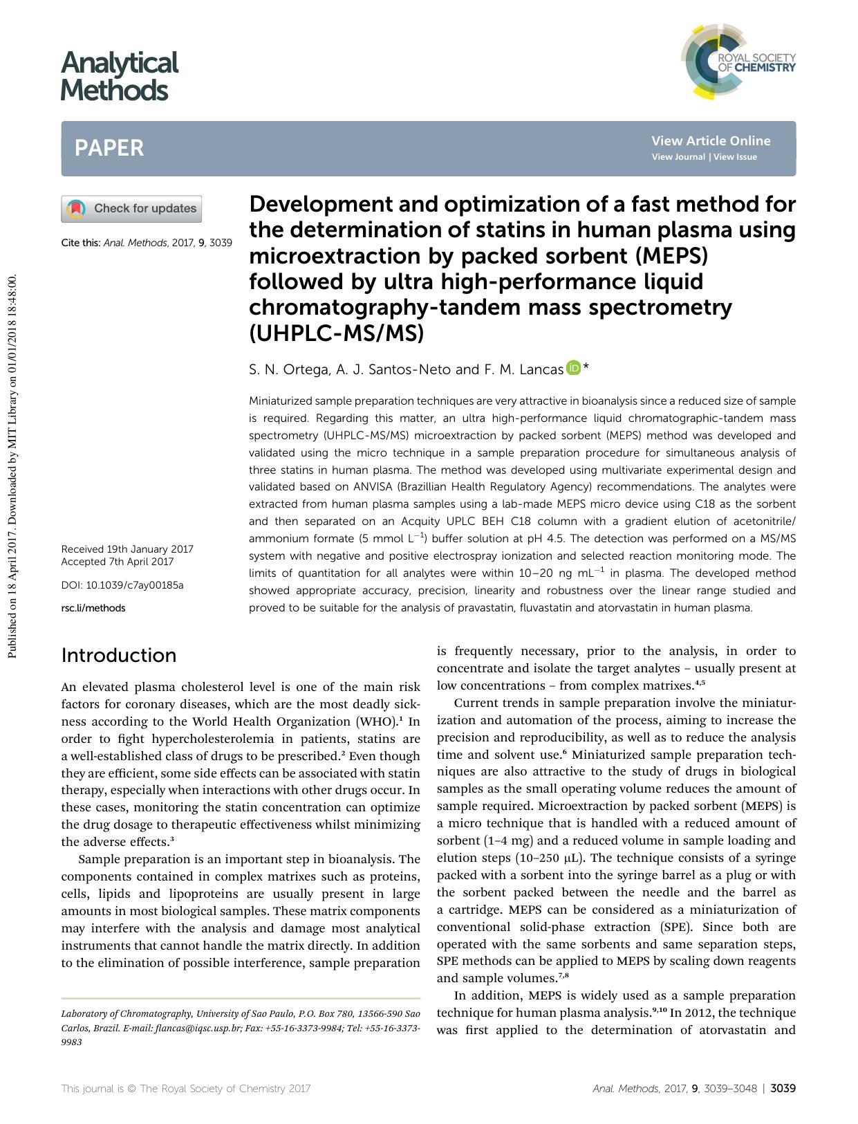 Development and optimization of a fast method for the determination of statins in human plasma using microextraction by packed sorbent (MEPS) followed by ultra high-performance liq by S. N. Ortega & A. J. Santos-Neto & F. M. Lancas