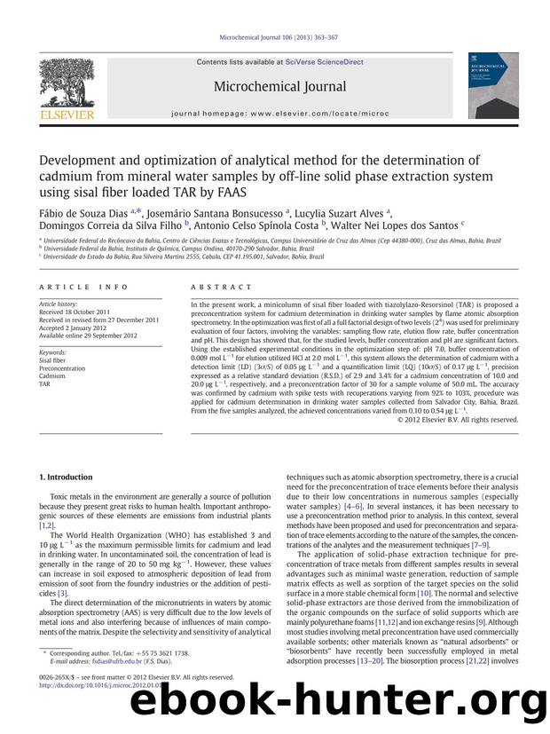 Development and optimization of analytical method for the determination of cadmium from mineral water samples by off-line solid phase extraction system using sisal fiber loaded TAR by FAAS by unknow