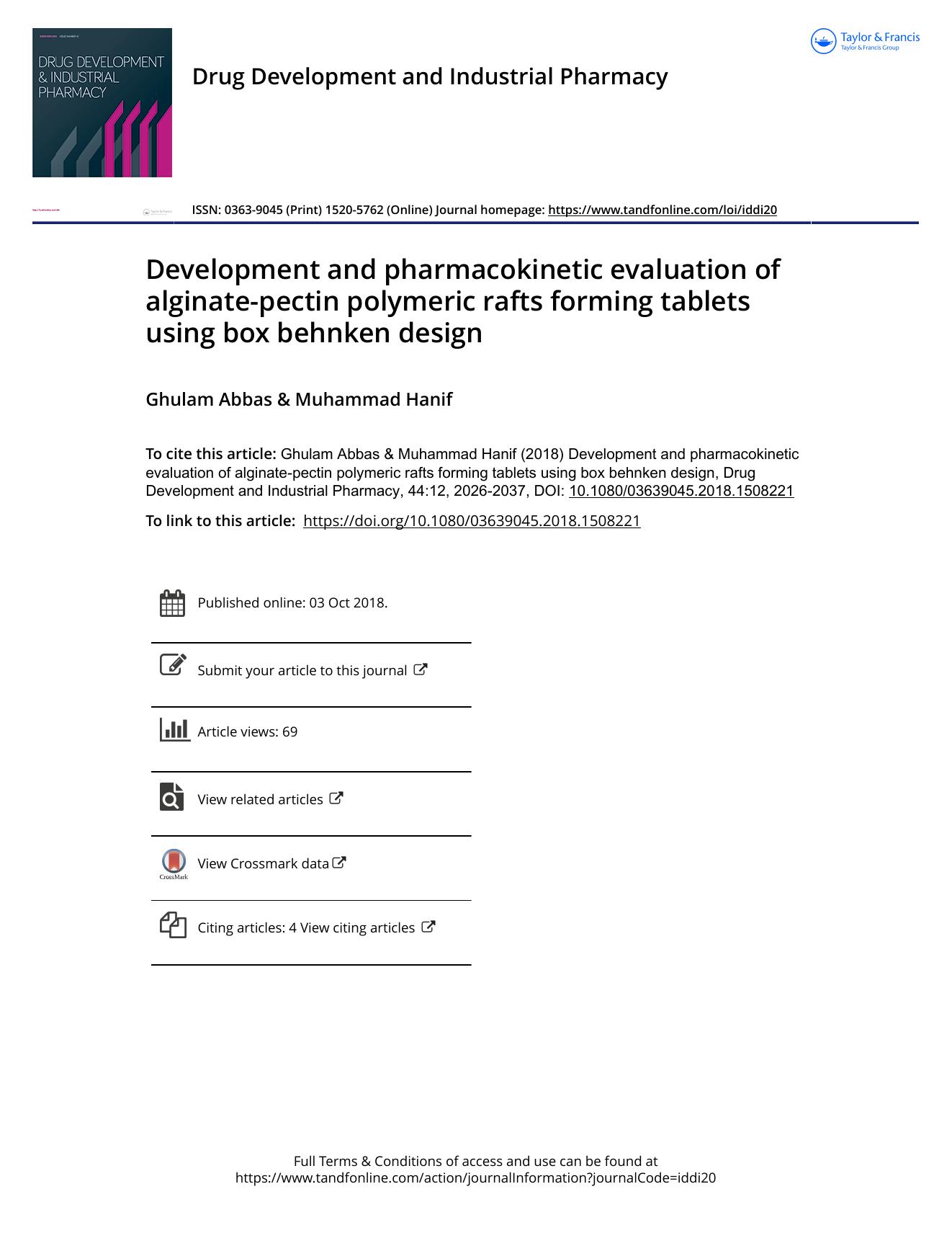 Development and pharmacokinetic evaluation of alginate-pectin polymeric rafts forming tablets using box behnken design by Abbas Ghulam & Hanif Muhammad