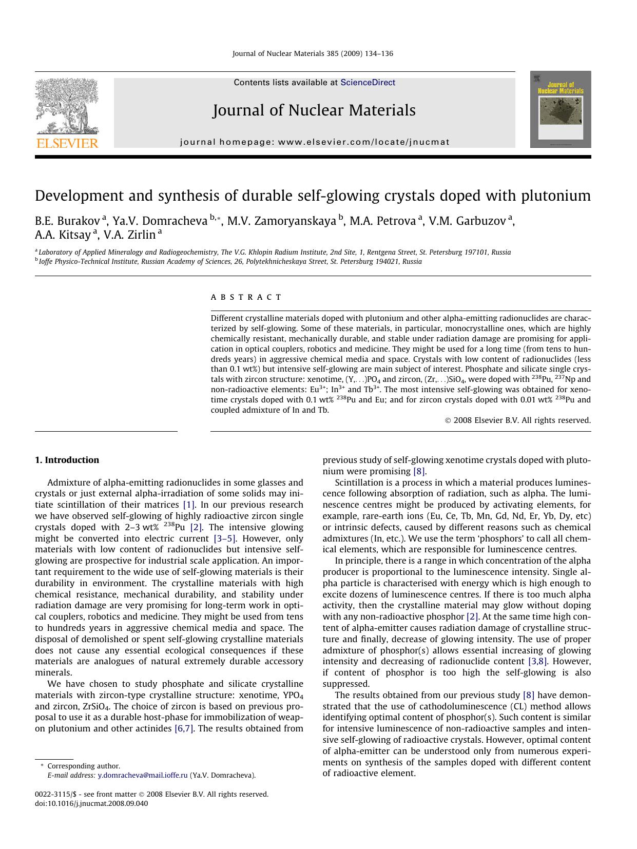 Development and synthesis of durable self-glowing crystals doped with plutonium by unknow