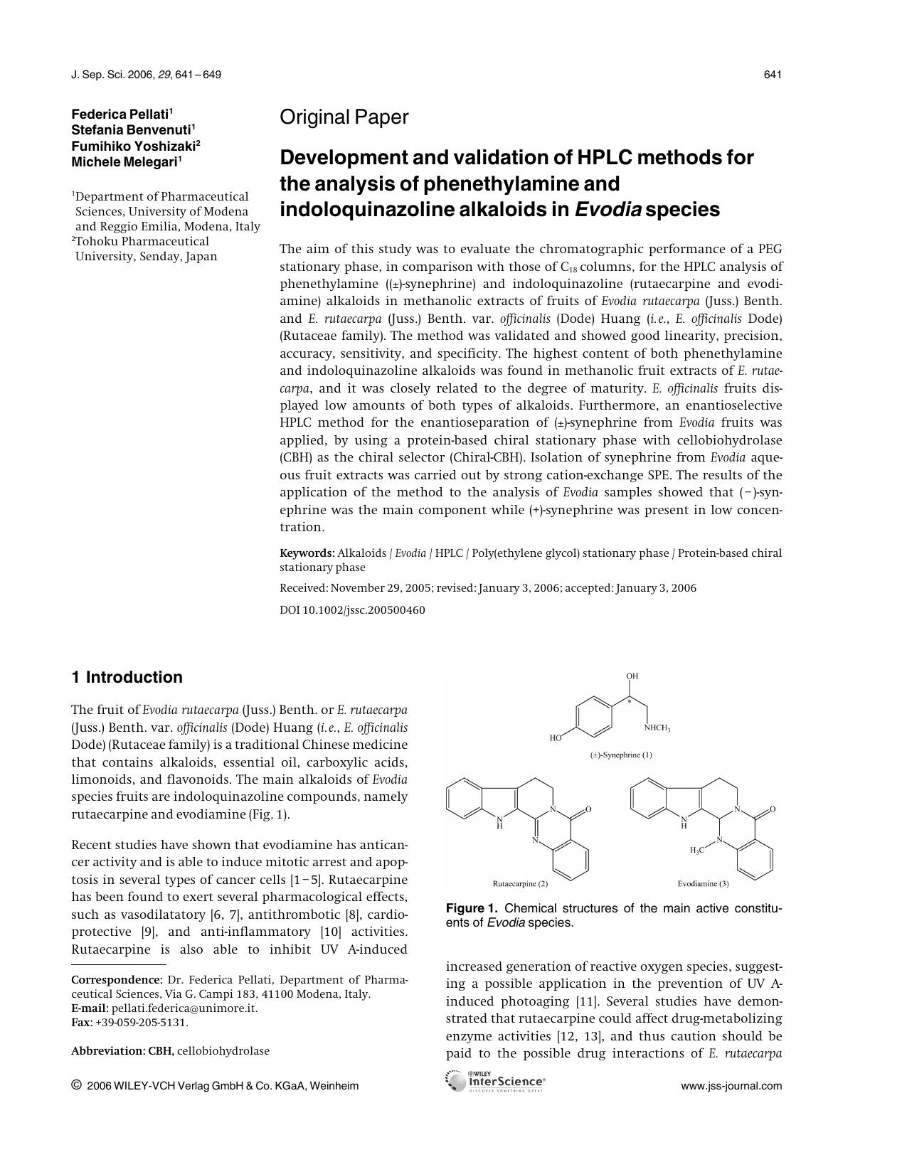 Development and validation of HPLC methods for the analysis of phenethylamine and indoloquinazoline alkaloids in Evodia species by Unknown