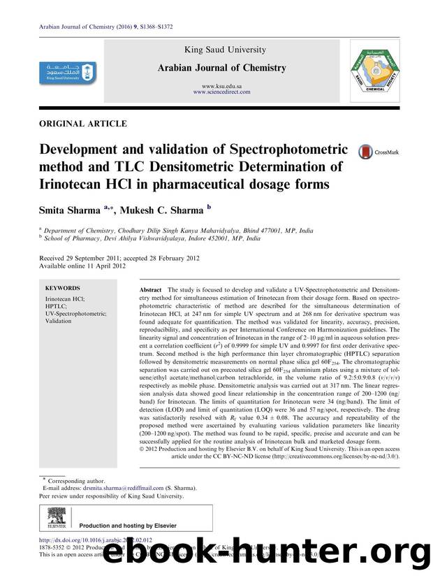 Development and validation of Spectrophotometric method and TLC Densitometric Determination of Irinotecan HCl in pharmaceutical dosage forms by Smita Sharma & Mukesh C. Sharma