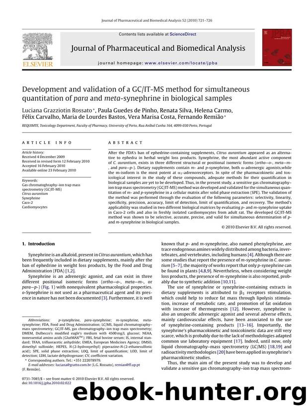 Development and validation of a GCIT-MS method for simultaneous quantitation of para and meta-synephrine in biological samples by unknow