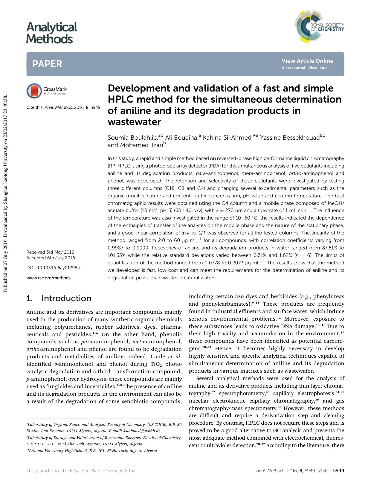 Development and validation of a fast and simple HPLC method for the simultaneous determination of aniline and its degradation products in wastewater by Soumia Boulahlib & Ali Boudina & Kahina Si-Ahmed & Yassine Bessekhouad & Mohamed Trari