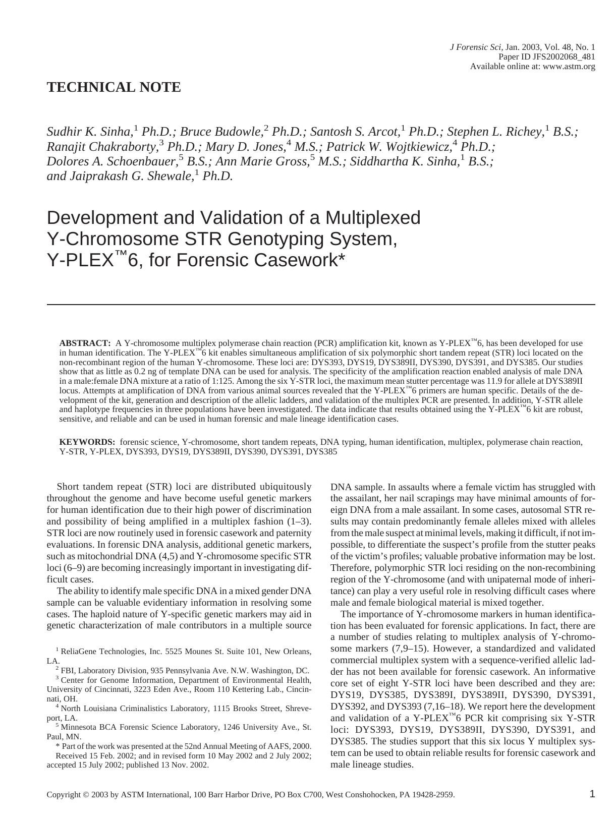 Development and validation of a multiplexed Y-chromosome STR genotyping system, Y-PLEX&trade;6, for forensic casework by unknow
