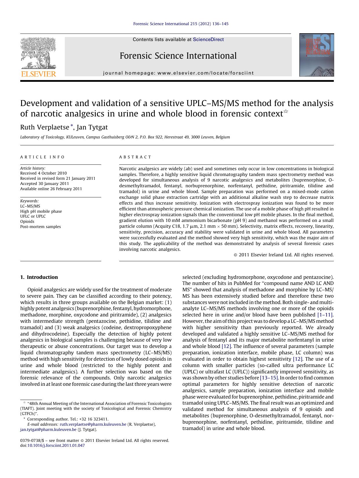 Development and validation of a sensitive UPLCâMSMS method for the analysis of narcotic analgesics in urine and whole blood in forensic context by Ruth Verplaetse
