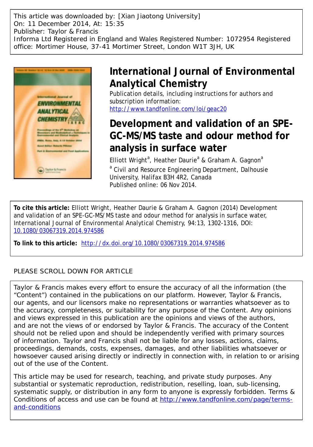 Development and validation of an SPE-GC-MSMS taste and odour method for analysis in surface water by Elliott Wright