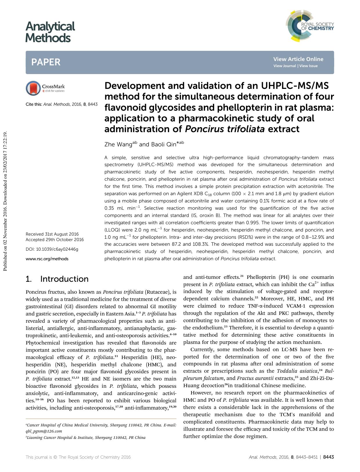Development and validation of an UHPLC-MSMS method for the simultaneous determination of four flavonoid glycosides and phellopterin in rat plasma: application to a pharmacokinetic by Zhe Wang & Baoli Qin