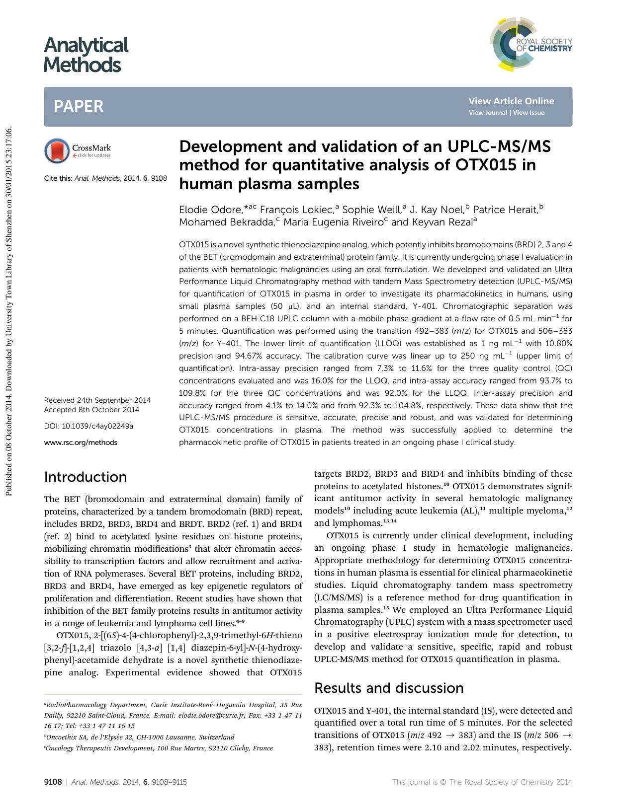 Development and validation of an UPLC-MSMS method for quantitative analysis of OTX015 in human plasma samples by unknow