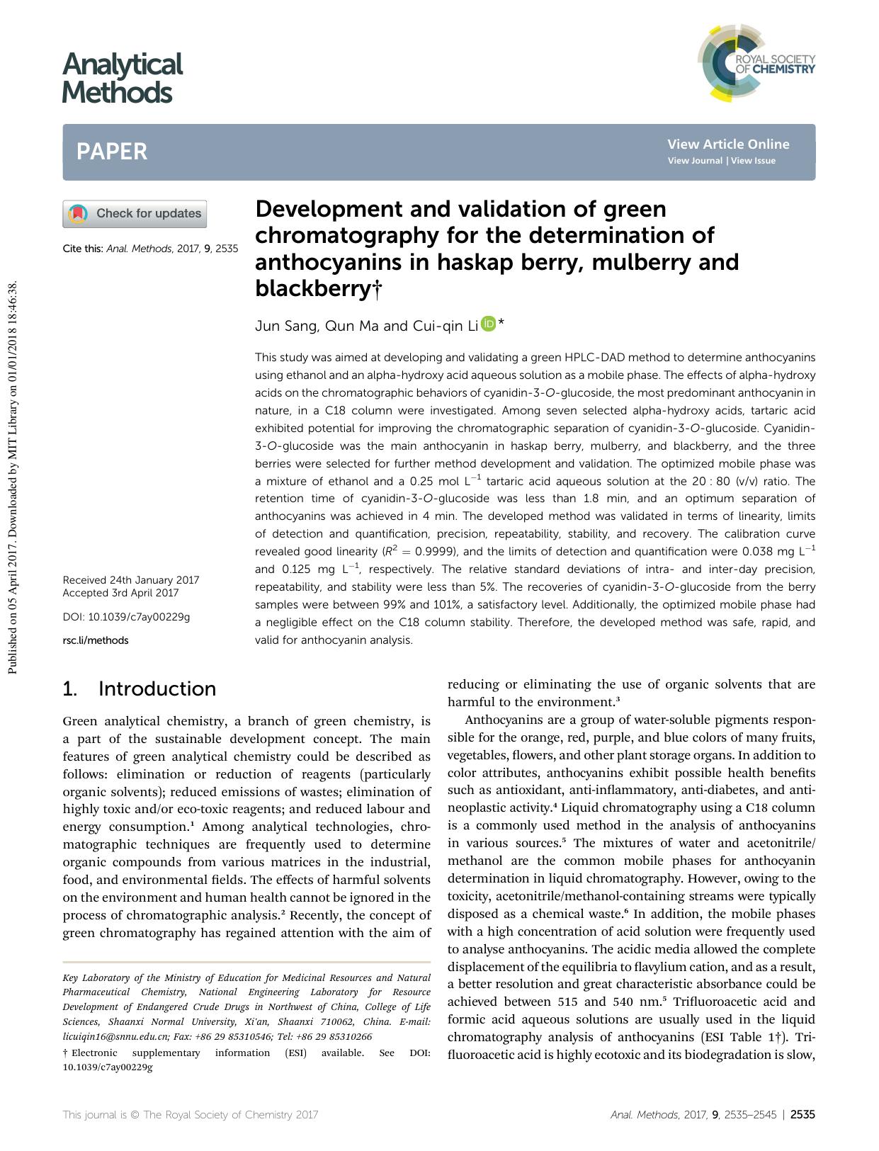 Development and validation of green chromatography for the determination of anthocyanins in haskap berry, mulberry and blackberry by Jun Sang & Qun Ma & Cui-qin Li