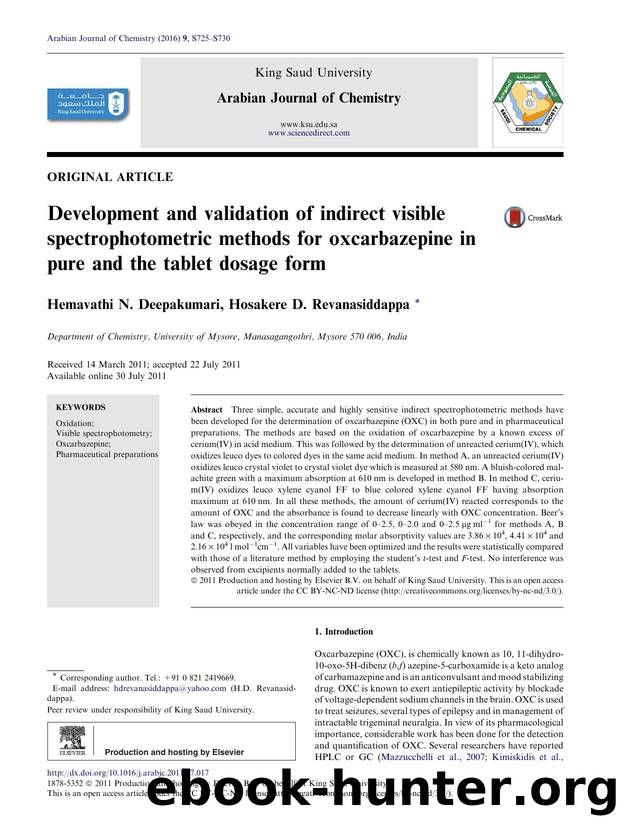 Development and validation of indirect visible spectrophotometric methods for oxcarbazepine in pure and the tablet dosage form by Hemavathi N. Deepakumari & Hosakere D. Revanasiddappa
