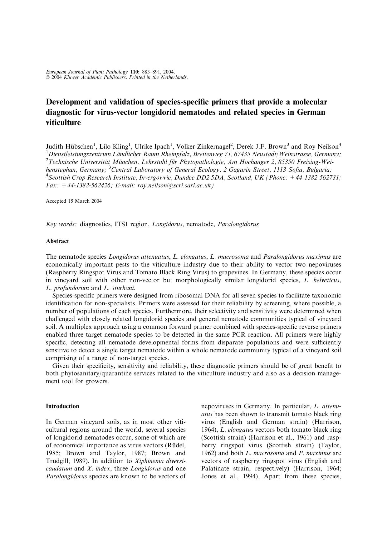 Development and validation of species-specific primers that provide a molecular diagnostic for virus-vector longidorid nematodes and related species in German viticulture by Unknown