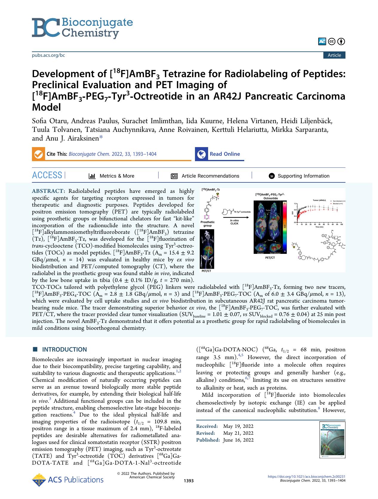 Development of [18F]AmBF3 Tetrazine for Radiolabeling of Peptides: Preclinical Evaluation and PET Imaging of [18F]AmBF3-PEG7-Tyr3-Octreotide in an AR42J Pancreatic Carcinoma Model by unknow