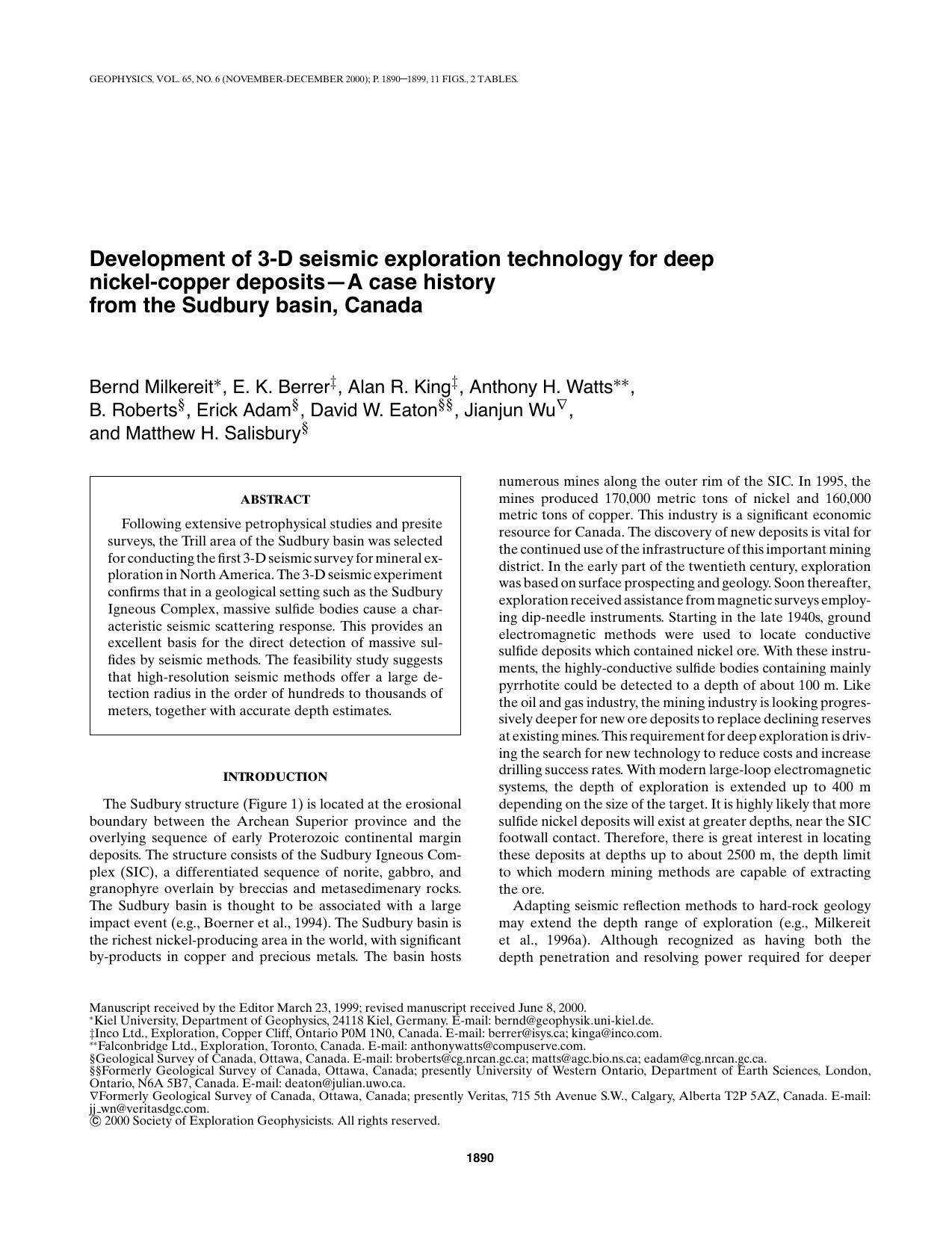 Development of 3-D seismic exploration technology for deep nickel-copper deposi by B. Milkereit E. Berrer A. King A.H. Watts B. Roberts E. Adam D. W. Eaton