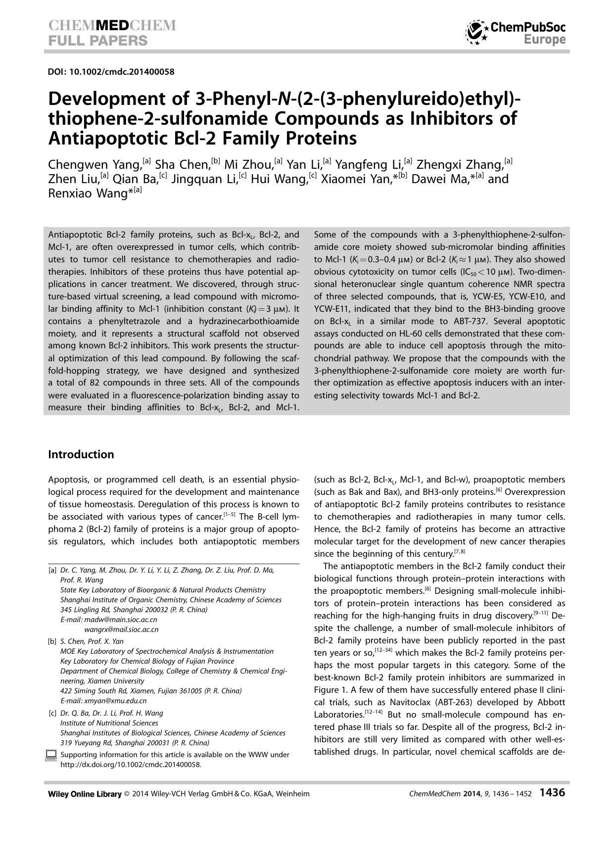 Development of 3PhenylN(2(3phenylureido)ethyl)thiophene2sulfonamide Compounds as Inhibitors of Antiapoptotic Bcl2 Family Proteins by Unknown