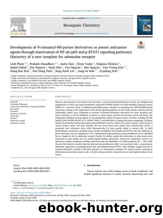 Development of 9-cinnamyl-9 H -purine derivatives as potent anticancer agents through inactivation of NF-Îºbp65 and p-STAT1 signaling pathways: Discovery of a new template for adenosine receptor by unknow