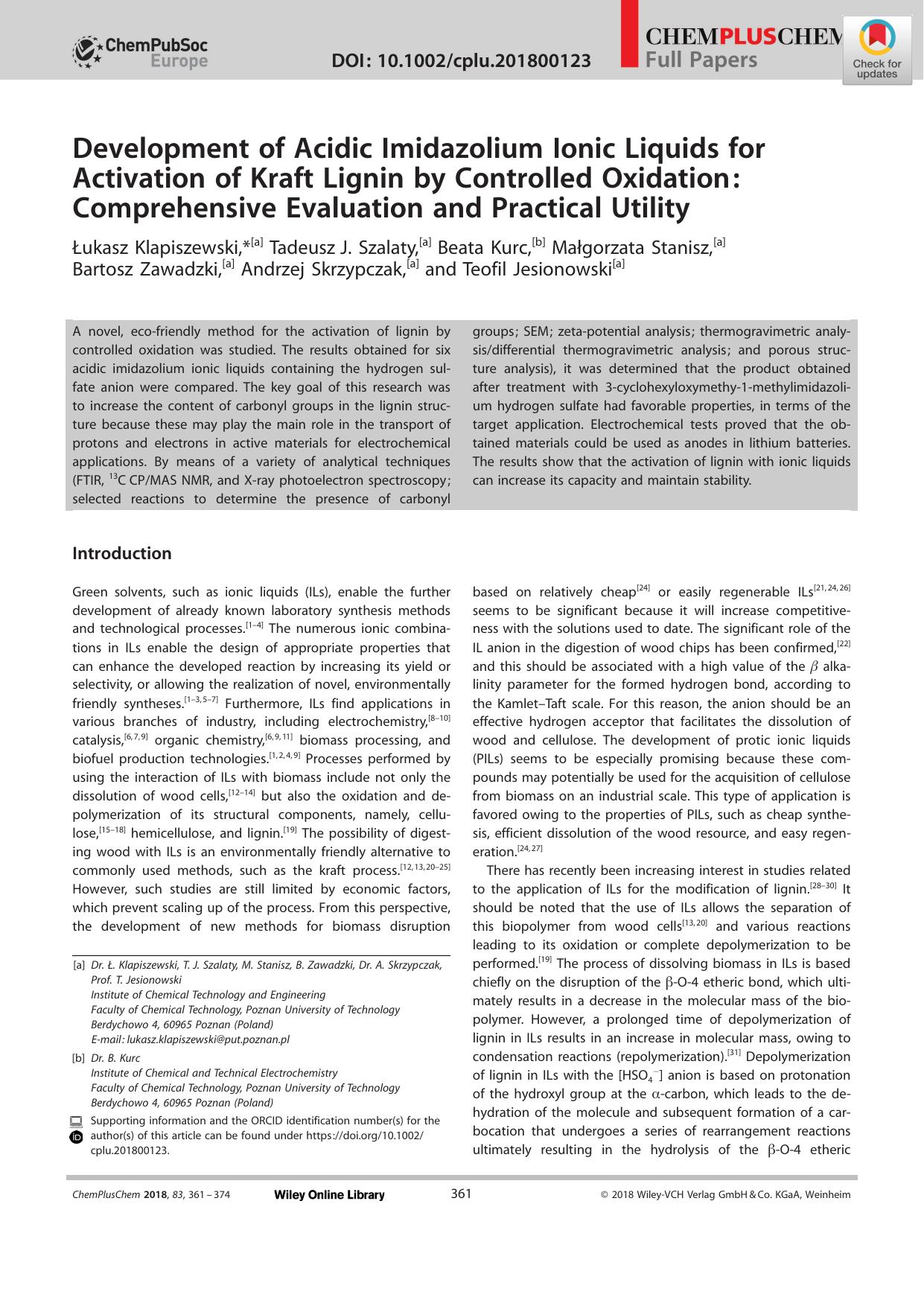 Development of Acidic Imidazolium Ionic Liquids for Activation of Kraft Lignin by Controlled Oxidation: Comprehensive Evaluation and Practical Utility by Unknown