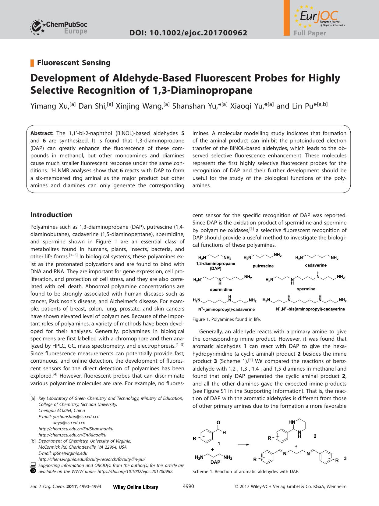 Development of Aldehyde&#x02010;Based Fluorescent Probes for Highly Selective Recognition of 1,3&#x02010;Diaminopropane by Unknown