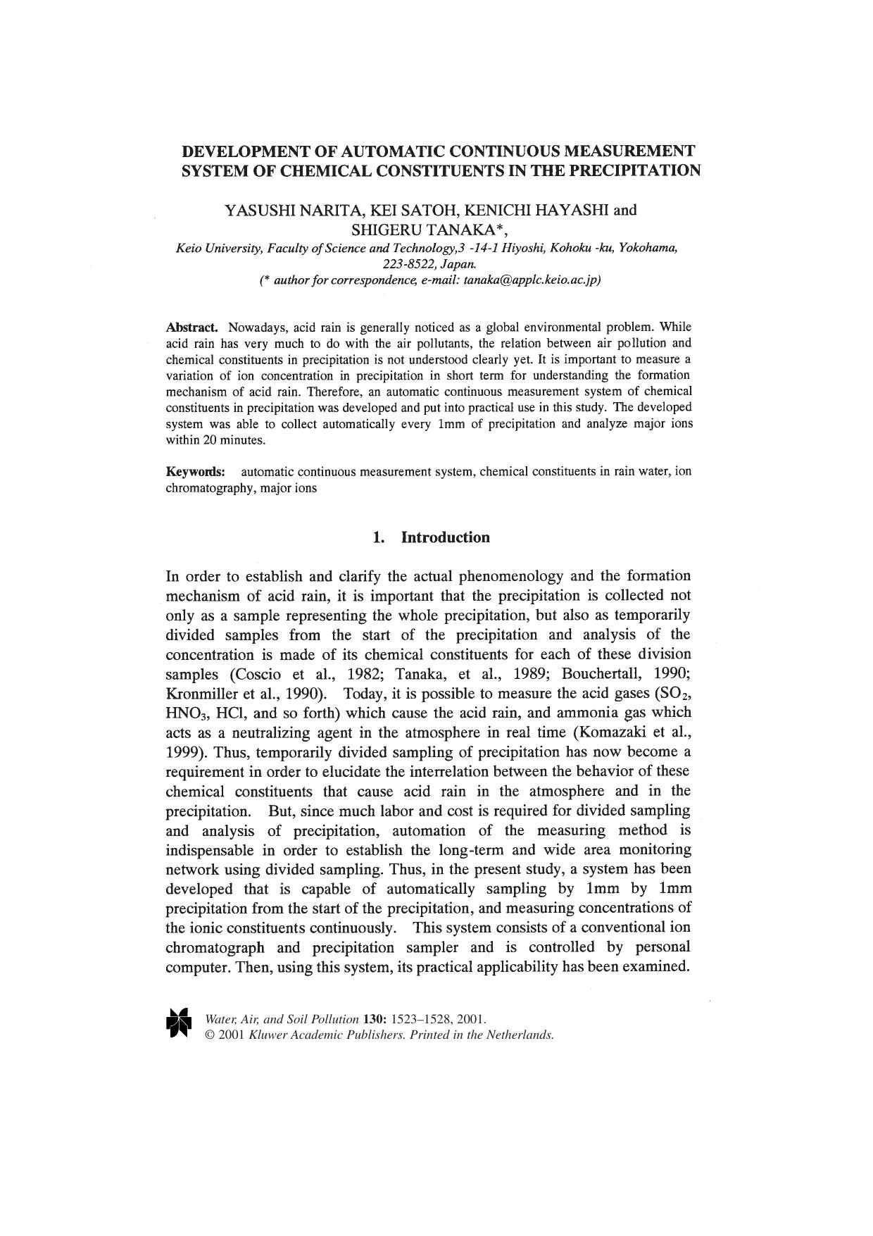 Development of Automatic Continuous Measurement System of Chemical Constituents in the Precipitation by Unknown