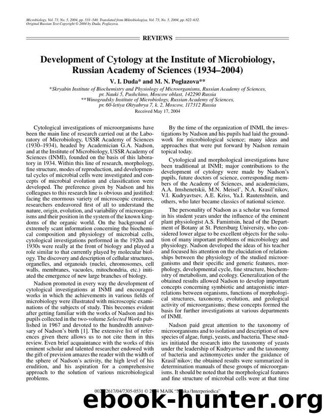 Development of Cytology at the Institute of Microbiology, Russian Academy of Sciences (1934&#x2013;2004) by Unknown