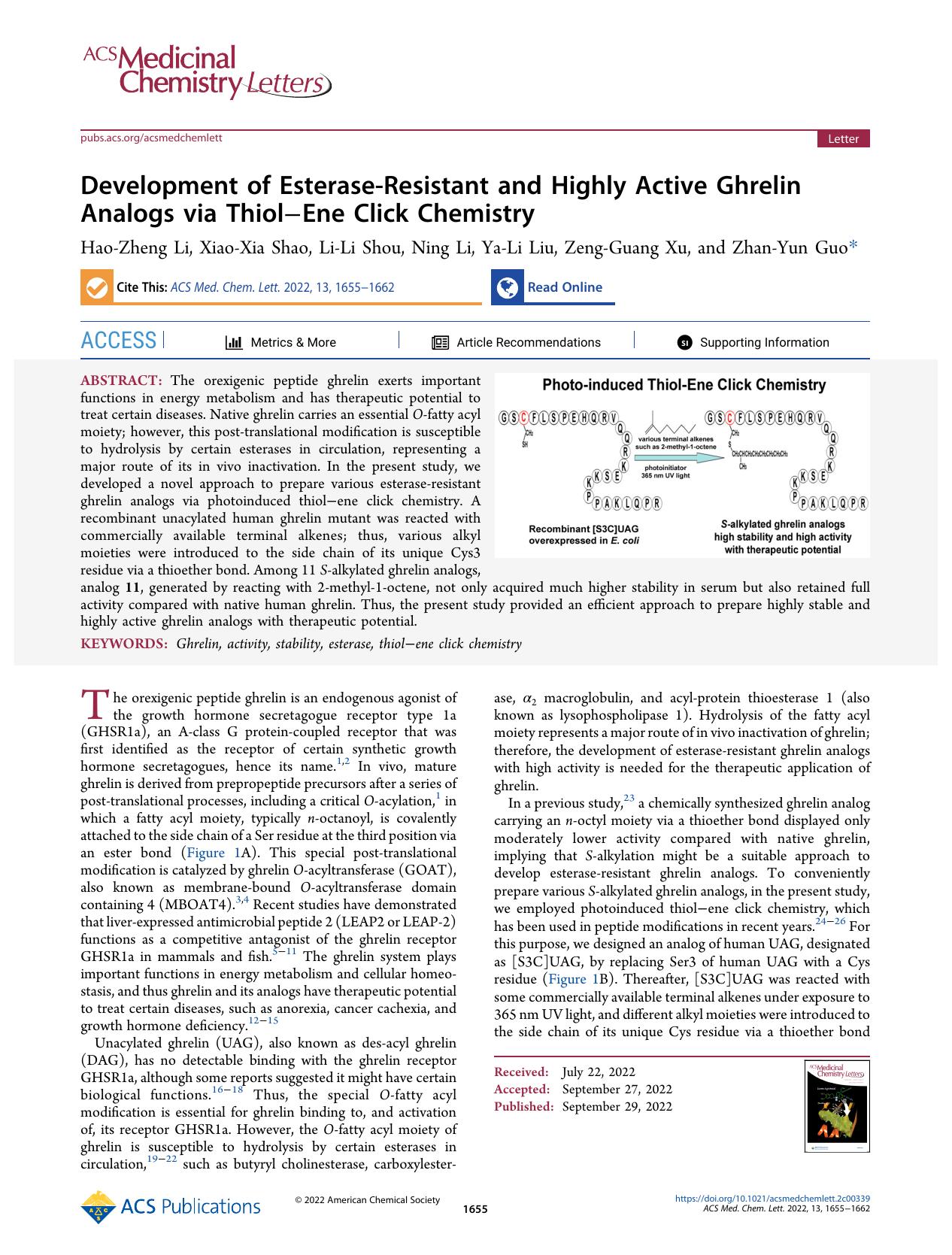 Development of Esterase-Resistant and Highly Active Ghrelin Analogs via ThiolâEne Click Chemistry by Hao-Zheng Li Xiao-Xia Shao Li-Li Shou Ning Li Ya-Li Liu Zeng-Guang Xu and Zhan-Yun Guo