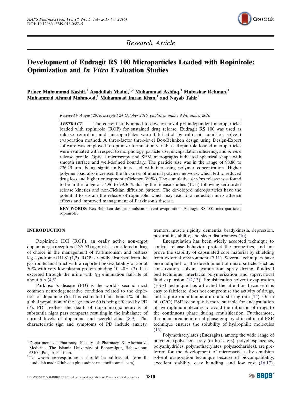 Development of Eudragit RS 100 Microparticles Loaded with Ropinirole: Optimization and In Vitro Evaluation Studies by unknow