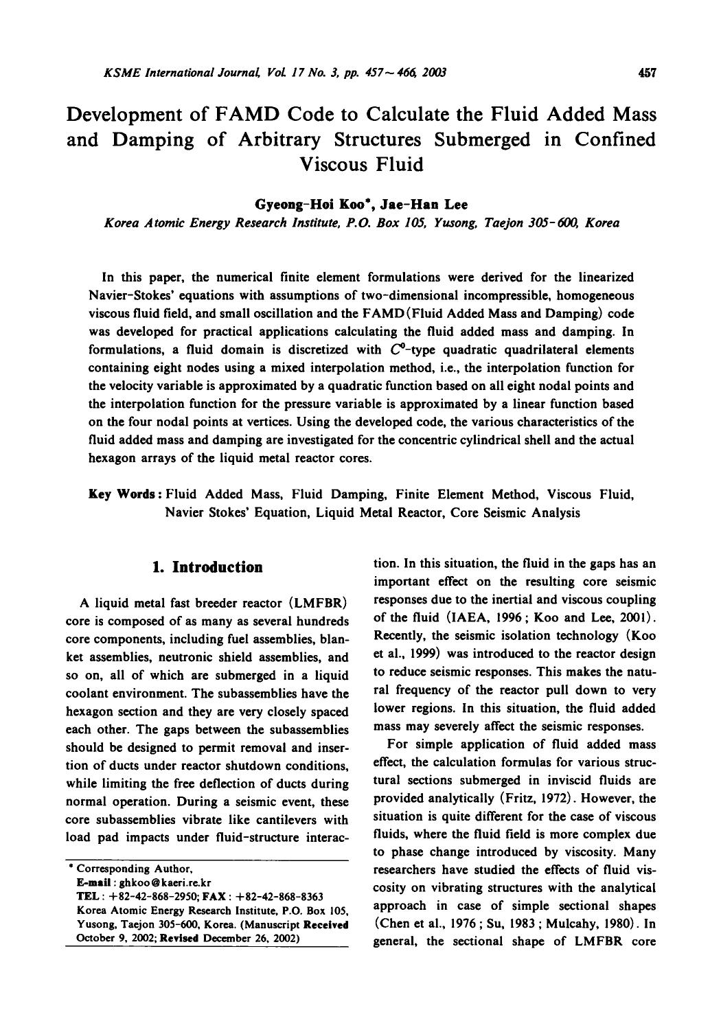 Development of FAMD code to calculate the fluid added mass and damping of arbitrary structures submerged in confined by Unknown