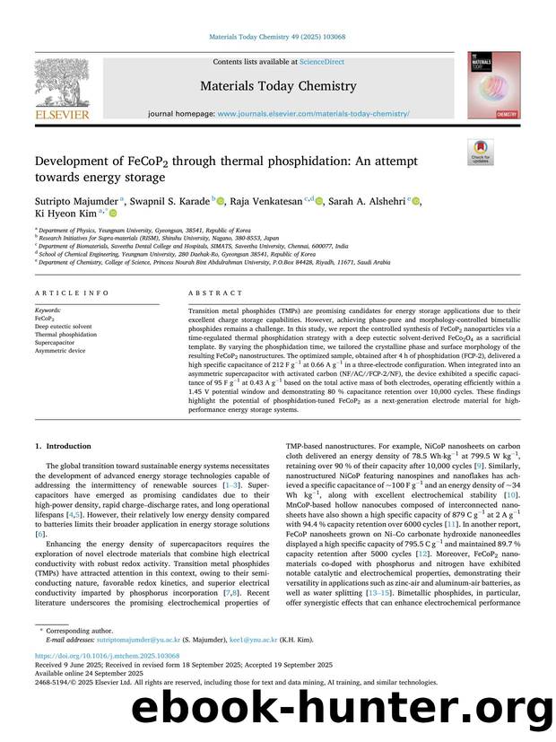 Development of FeCoP2 through thermal phosphidation: An attempt towards energy storage by Sutripto Majumder & Swapnil S. Karade & Raja Venkatesan & Sarah A. Alshehri & Ki Hyeon Kim