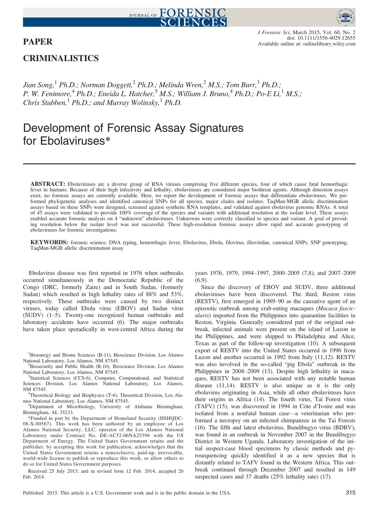 Development of Forensic Assay Signatures for Ebolaviruses by Unknown
