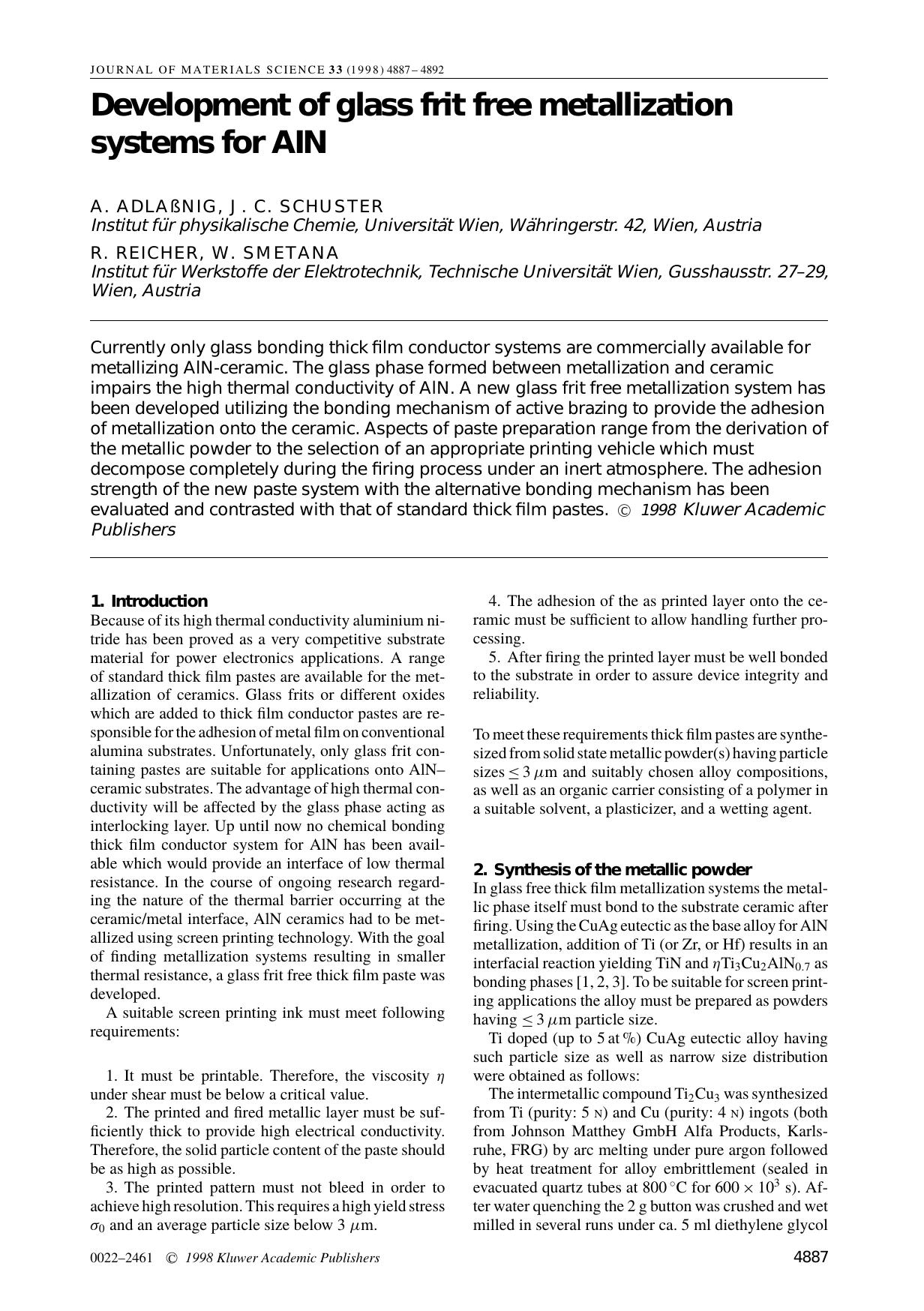 Development of Glass Frit Free Metallization Systems for AIN by Unknown
