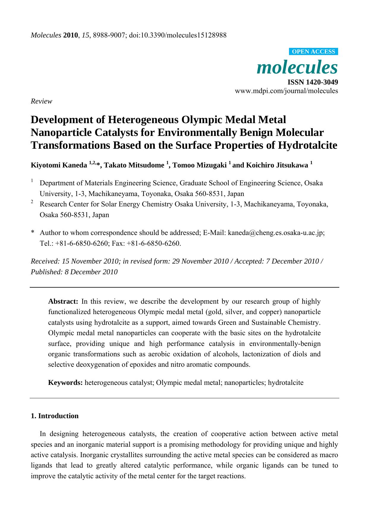 Development of Heterogeneous Olympic Medal Metal Nanoparticle Catalysts for Environmentally Benign Molecular Transformations Based on the Surface Properties of Hydrotalcite by Kiyotomi Kaneda & Takato Mitsudome & Tomoo Mizugaki & Koichiro Jitsukawa