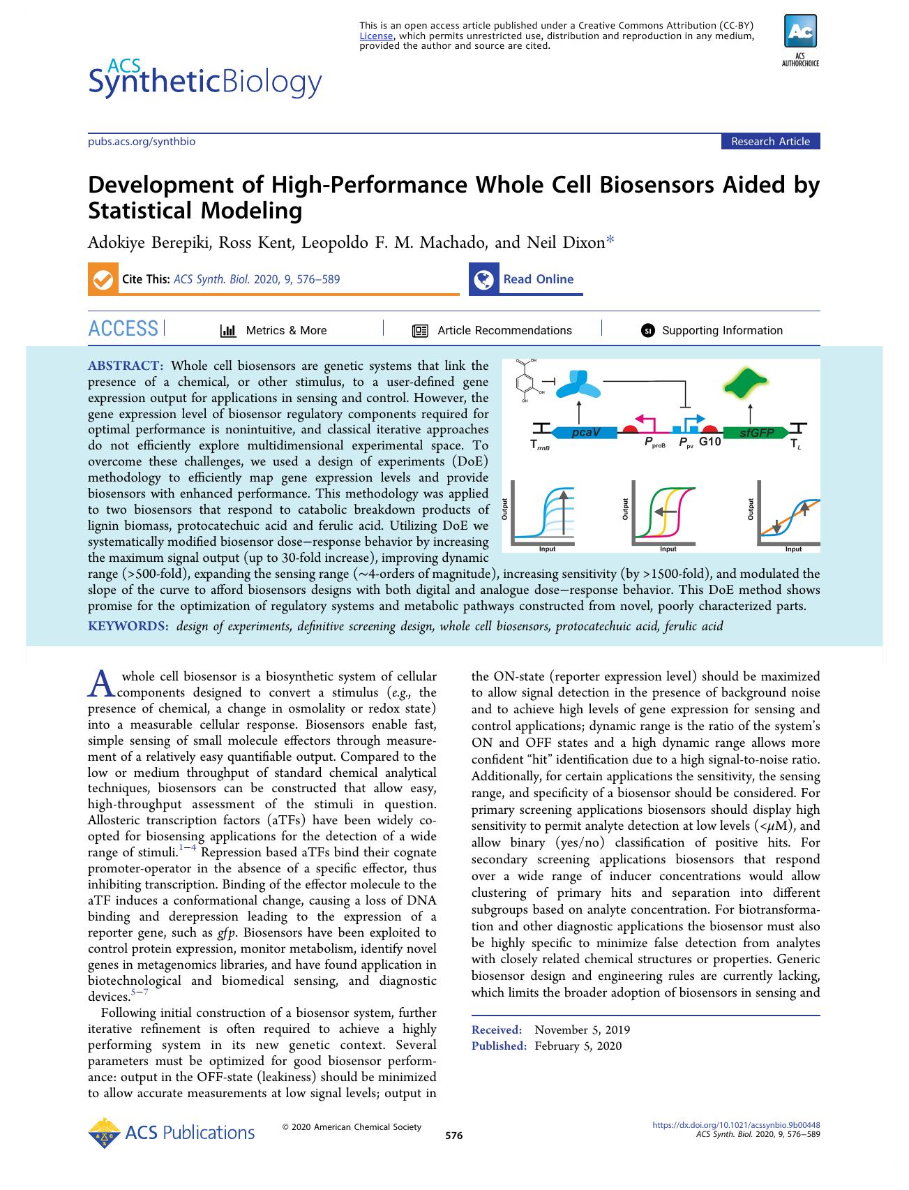 Development of High-Performance Whole Cell Biosensors Aided by Statistical Modeling by Adokiye Berepiki Ross Kent Leopoldo F. M. Machado and Neil Dixon