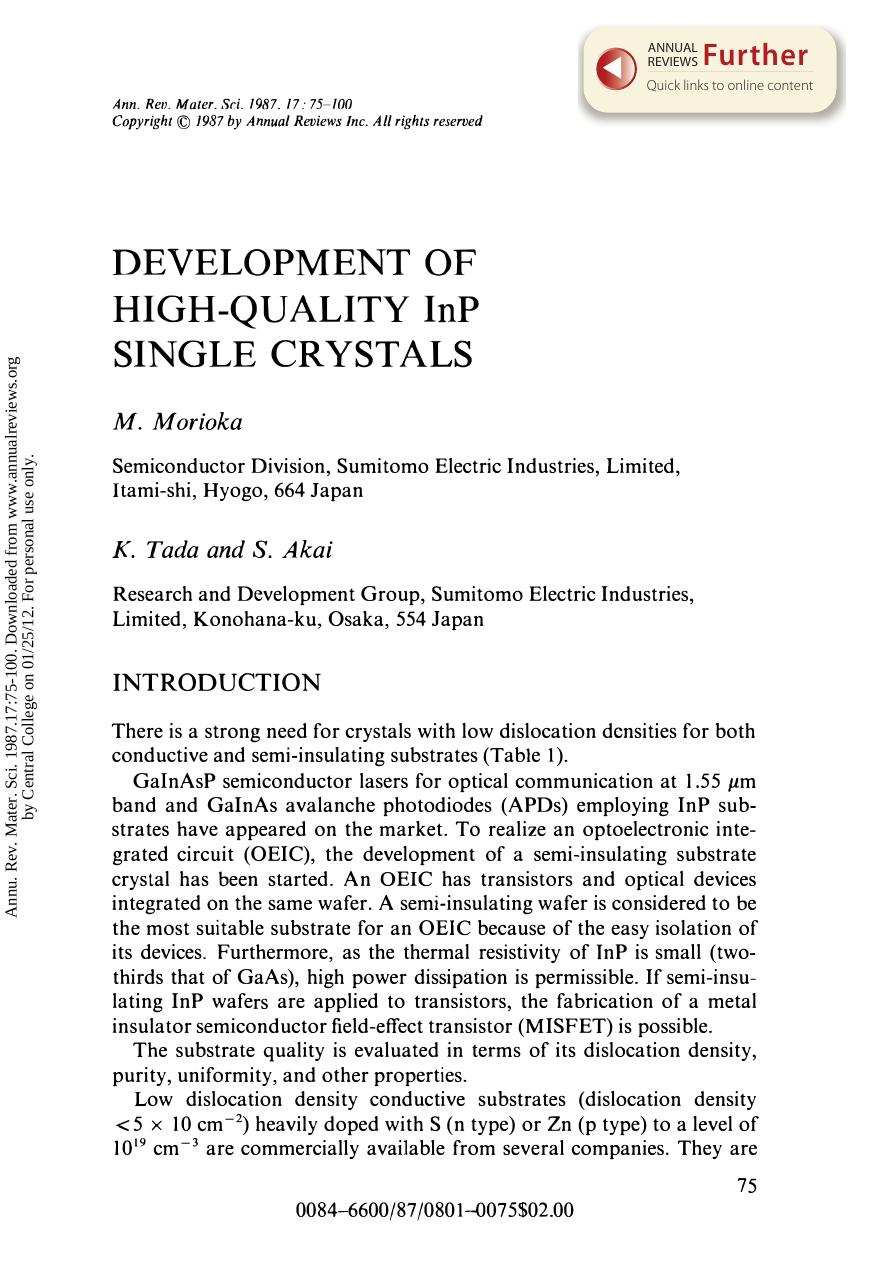 Development of High-Quality InP Single Crystals by M Morioka K Tada & S Akai