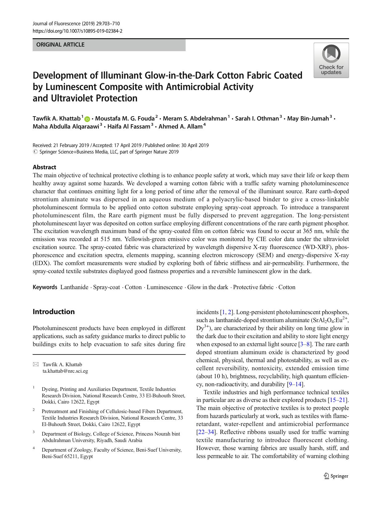 Development of Illuminant Glow-in-the-Dark Cotton Fabric Coated by Luminescent Composite with Antimicrobial Activity and Ultraviolet Protection by unknow