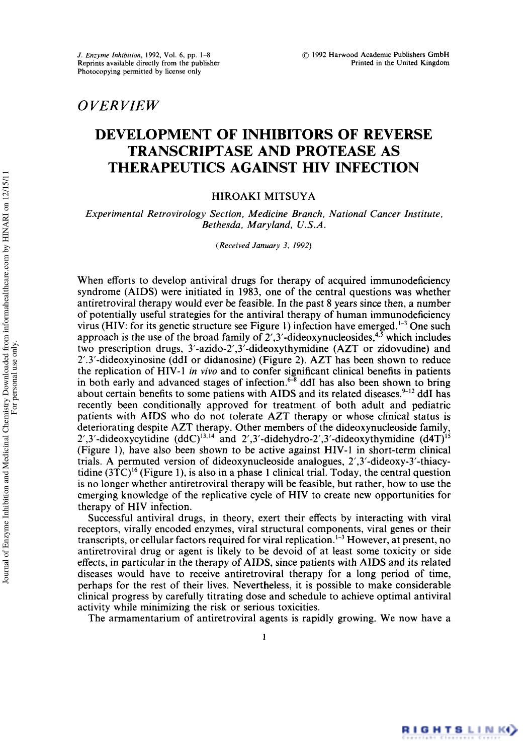 Development of Inhibitors of Reverse Transcriptase and Protease as Therapeutics Against HIV Infection by Hiroaki Mitsuya
