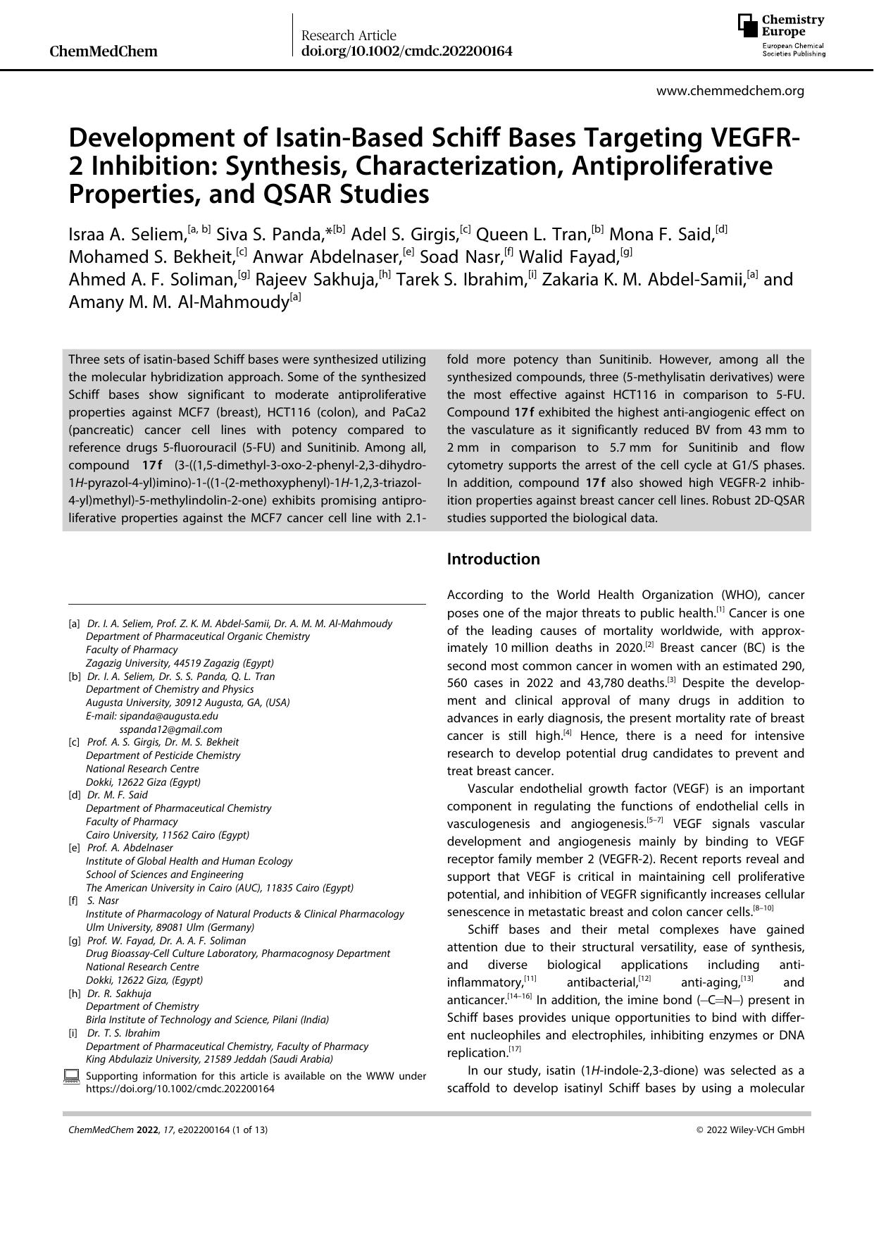 Development of IsatinâBased Schiff Bases Targeting VEGFRâ2 Inhibition: Synthesis, Characterization, Antiproliferative Properties, and QSAR Studies by Unknown
