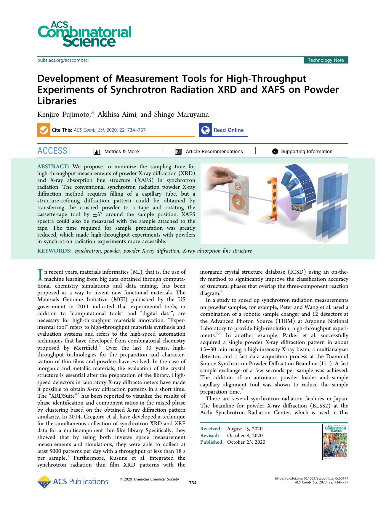 Development of Measurement Tools for High-Throughput Experiments of Synchrotron Radiation XRD and XAFS on Powder Libraries by Kenjiro Fujimoto Akihisa Aimi and Shingo Maruyama