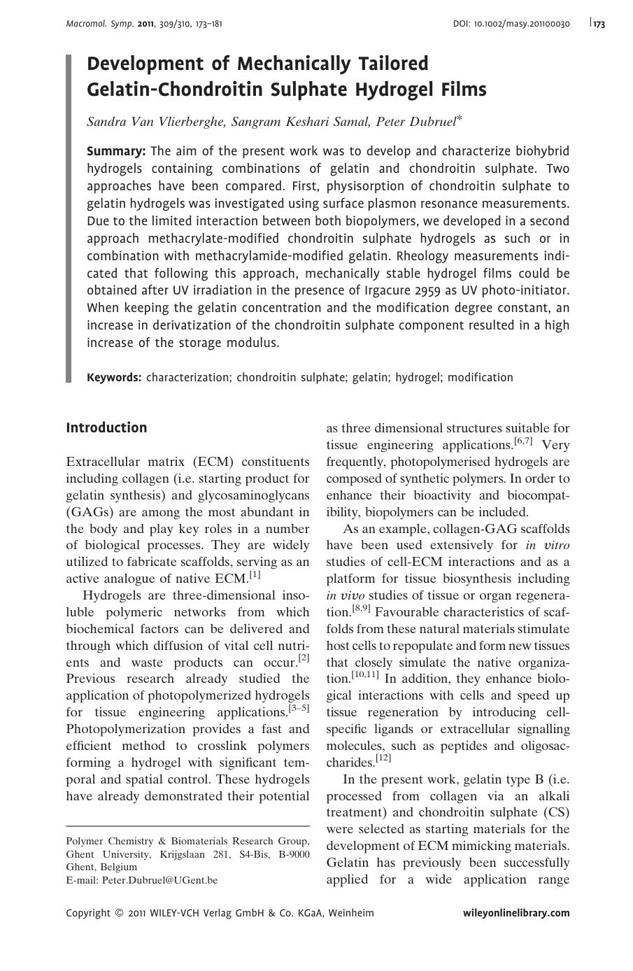Development of Mechanically Tailored GelatinChondroitin Sulphate Hydrogel Films by Unknown