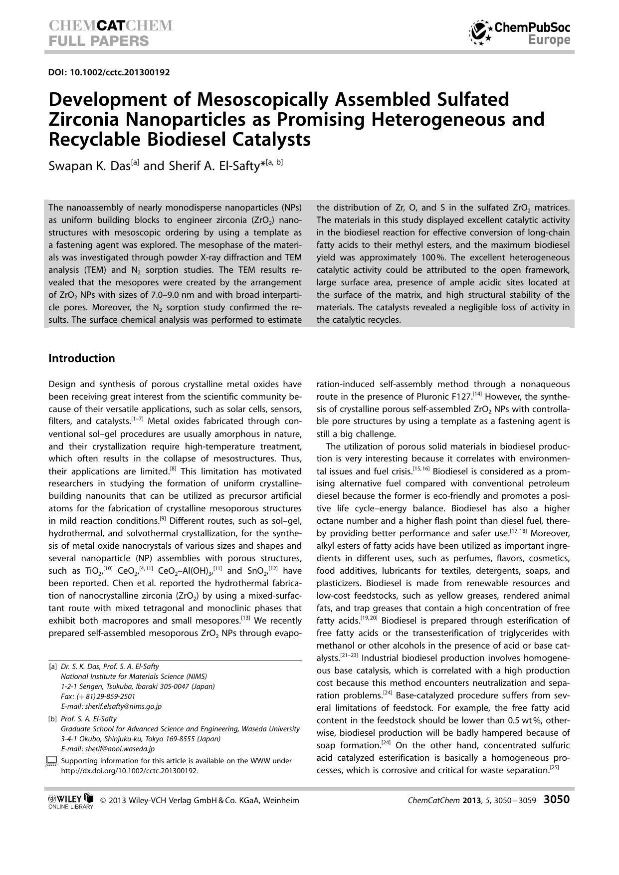 Development of Mesoscopically Assembled Sulfated Zirconia Nanoparticles as Promising Heterogeneous and Recyclable Biodiesel Catalysts by Unknown