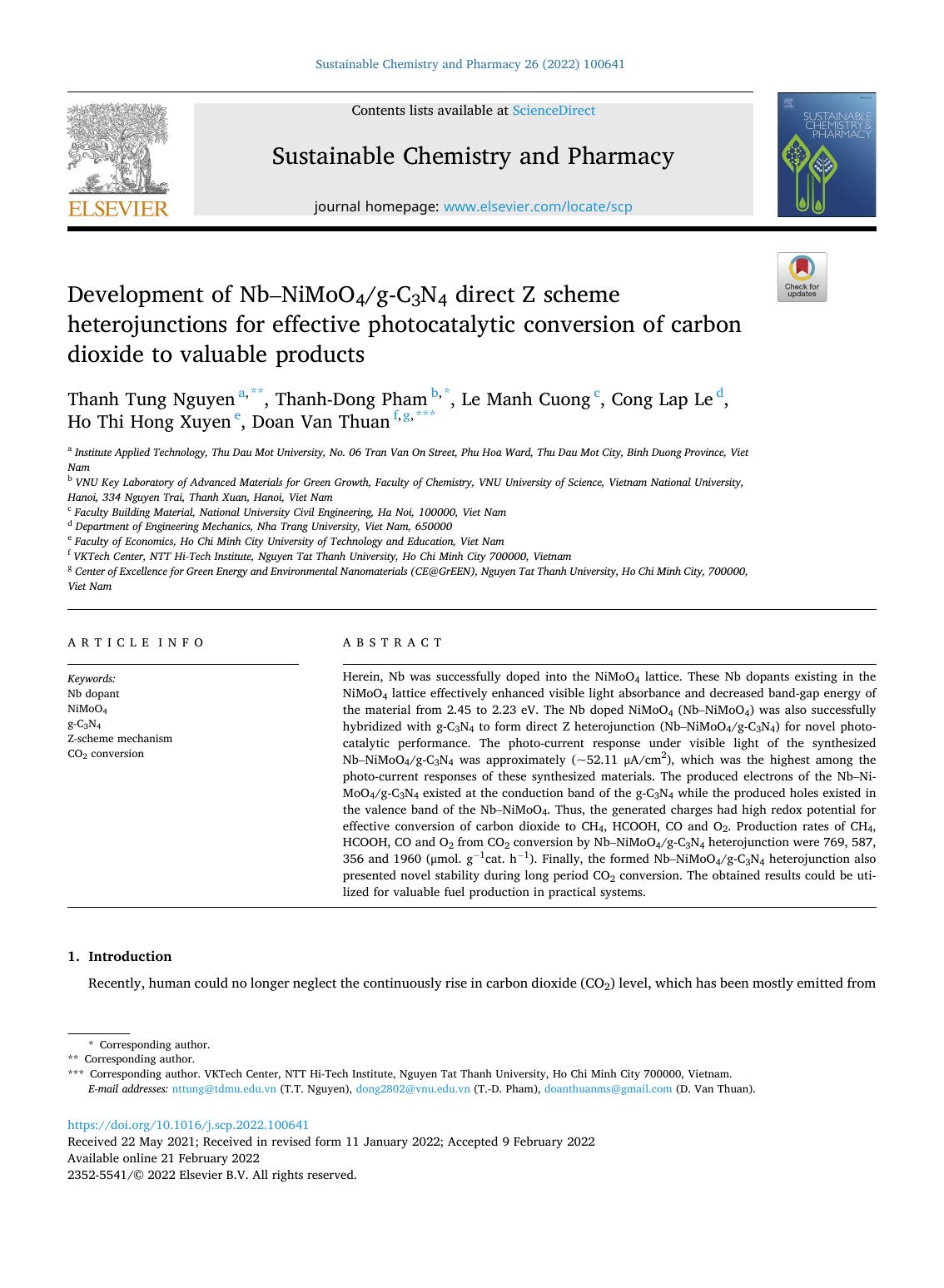Development of NbÃ¢NiMoO4g-C3N4 direct Z scheme heterojunctions for effective photocatalytic conversion of carbon dioxide to valuable products by unknow