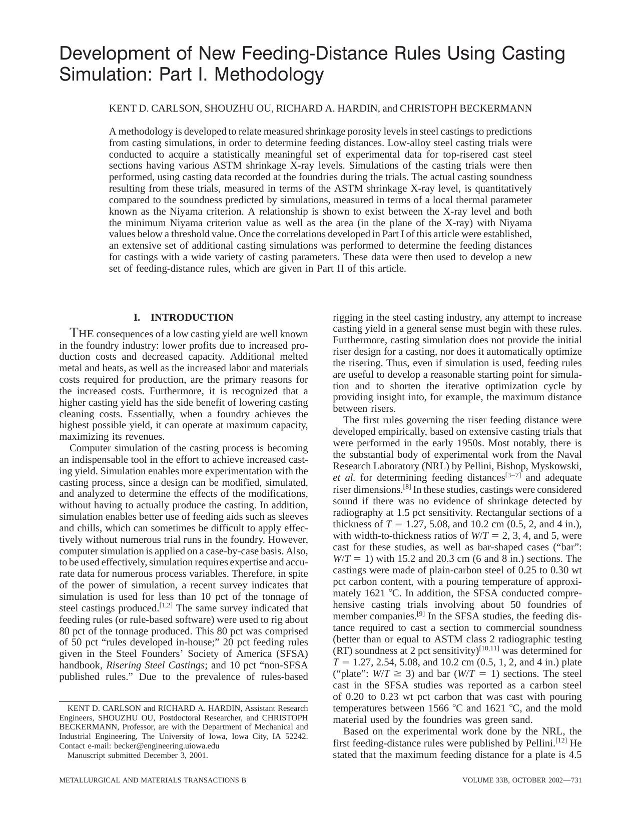 Development of New Feeding-Distance Rules Using Casting Simulation: Part I. Methodology by KENT D. CARLSON SHOUZHU OU RICHARD A. HARDIN and CHRISTOPH BECKERMANN