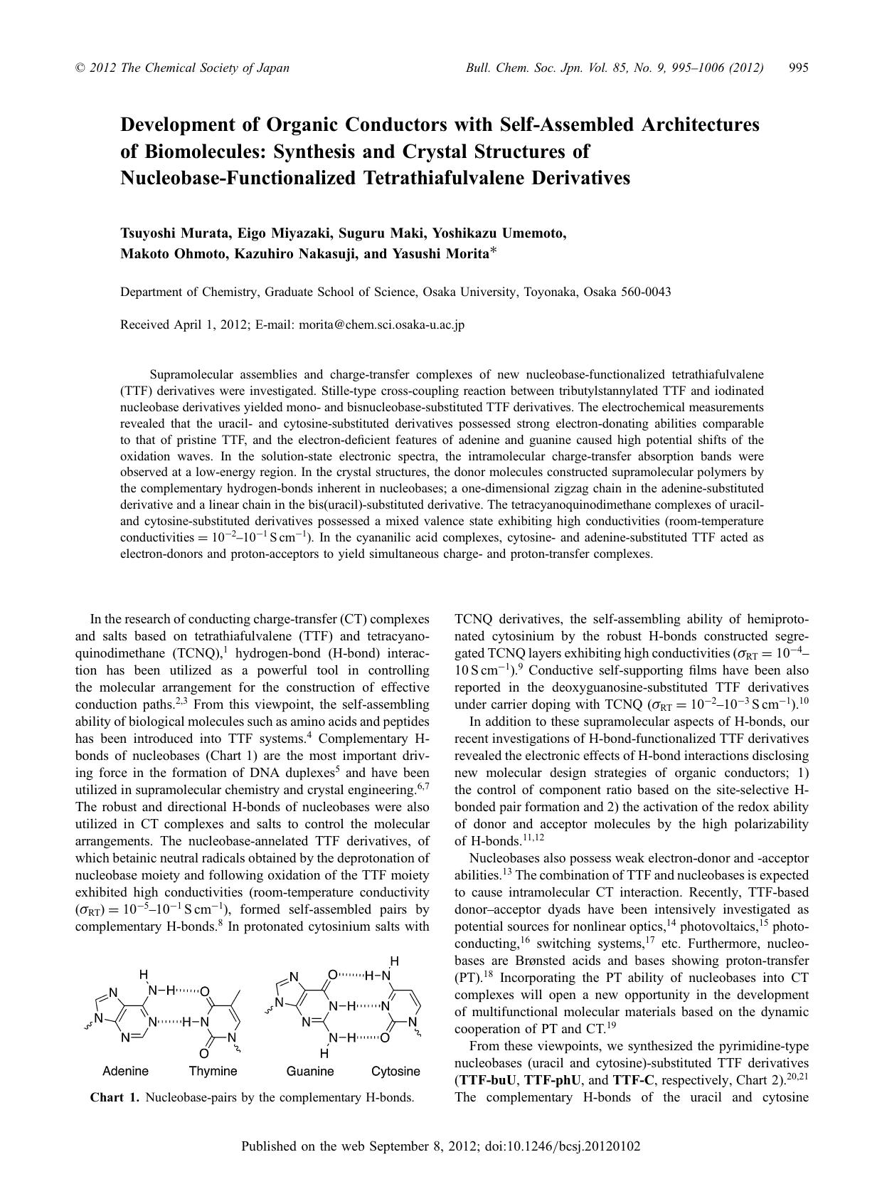 Development of Organic Conductors with Self-Assembled Architectures of Biomolecules: Synthesis and Crystal Structures of Nucleobase-Functionalized Tetrathiafulvalene Derivatives by unknow
