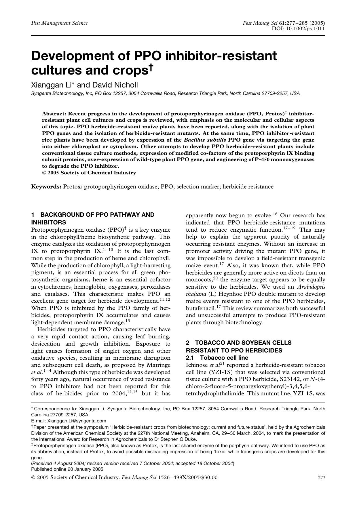 Development of PPO inhibitor-resistant cultures and crops by Unknown