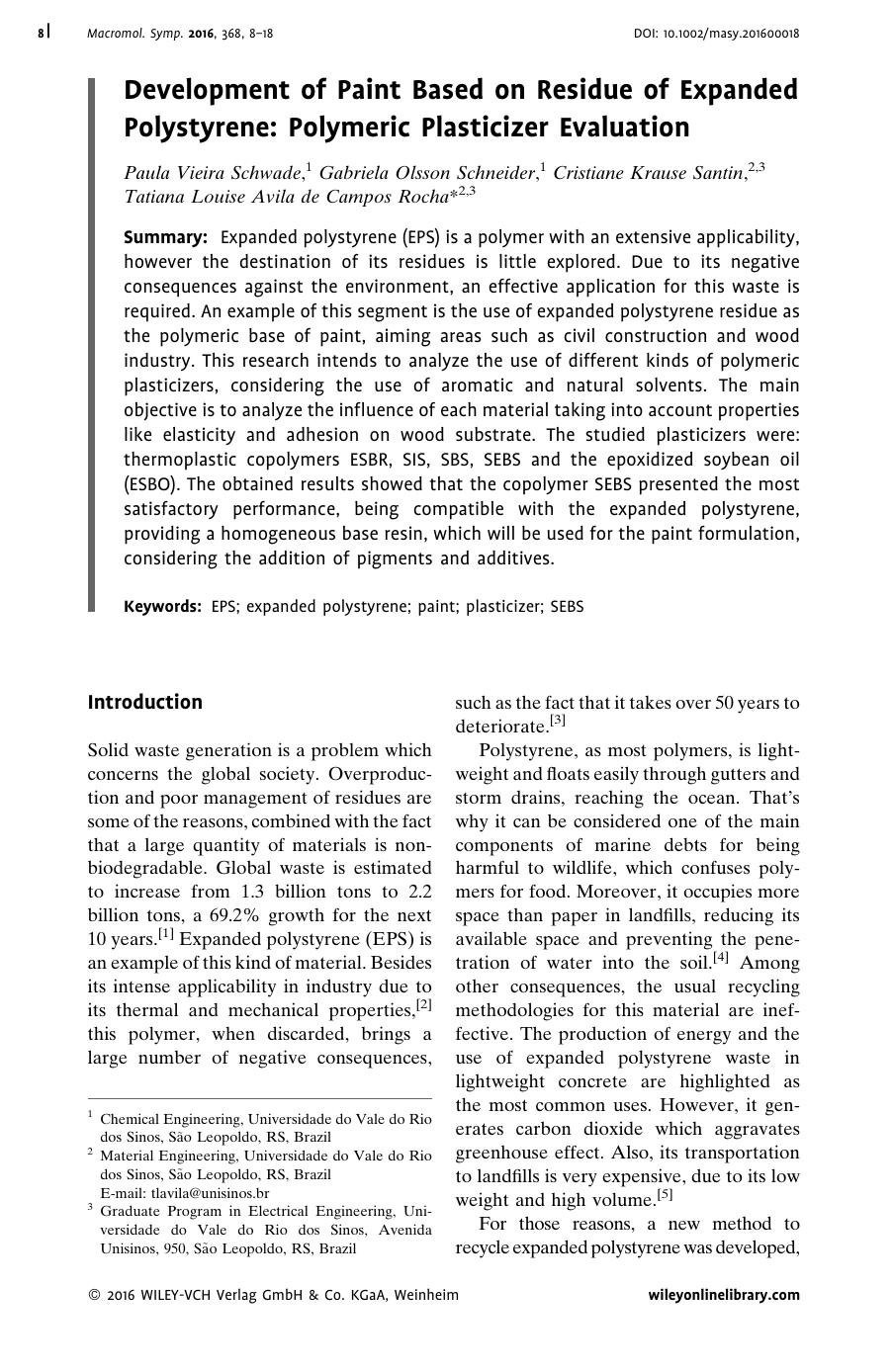 Development of Paint Based on Residue of Expanded Polystyrene: Polymeric Plasticizer Evaluation by Unknown